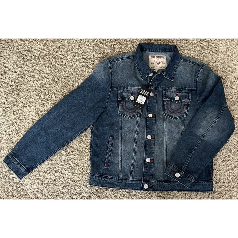 True Religion Jacket Mens Large Blue Quartz Wash Denim Red Stitching New w/Tags